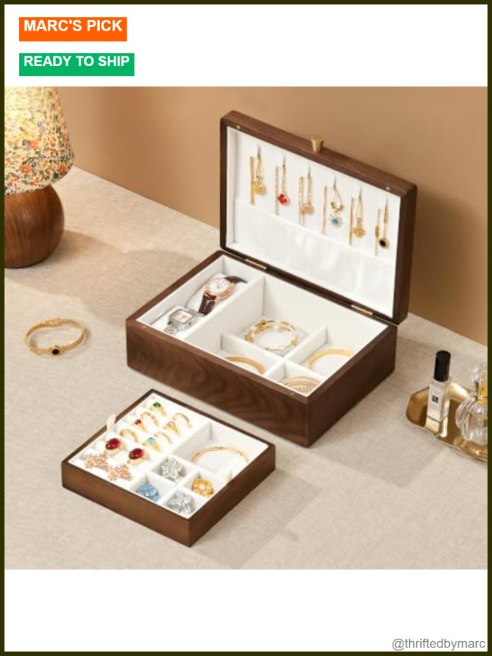 Solid Black Walnut Wooden Jewelry Box 2 Layer Velvet Organizer Case